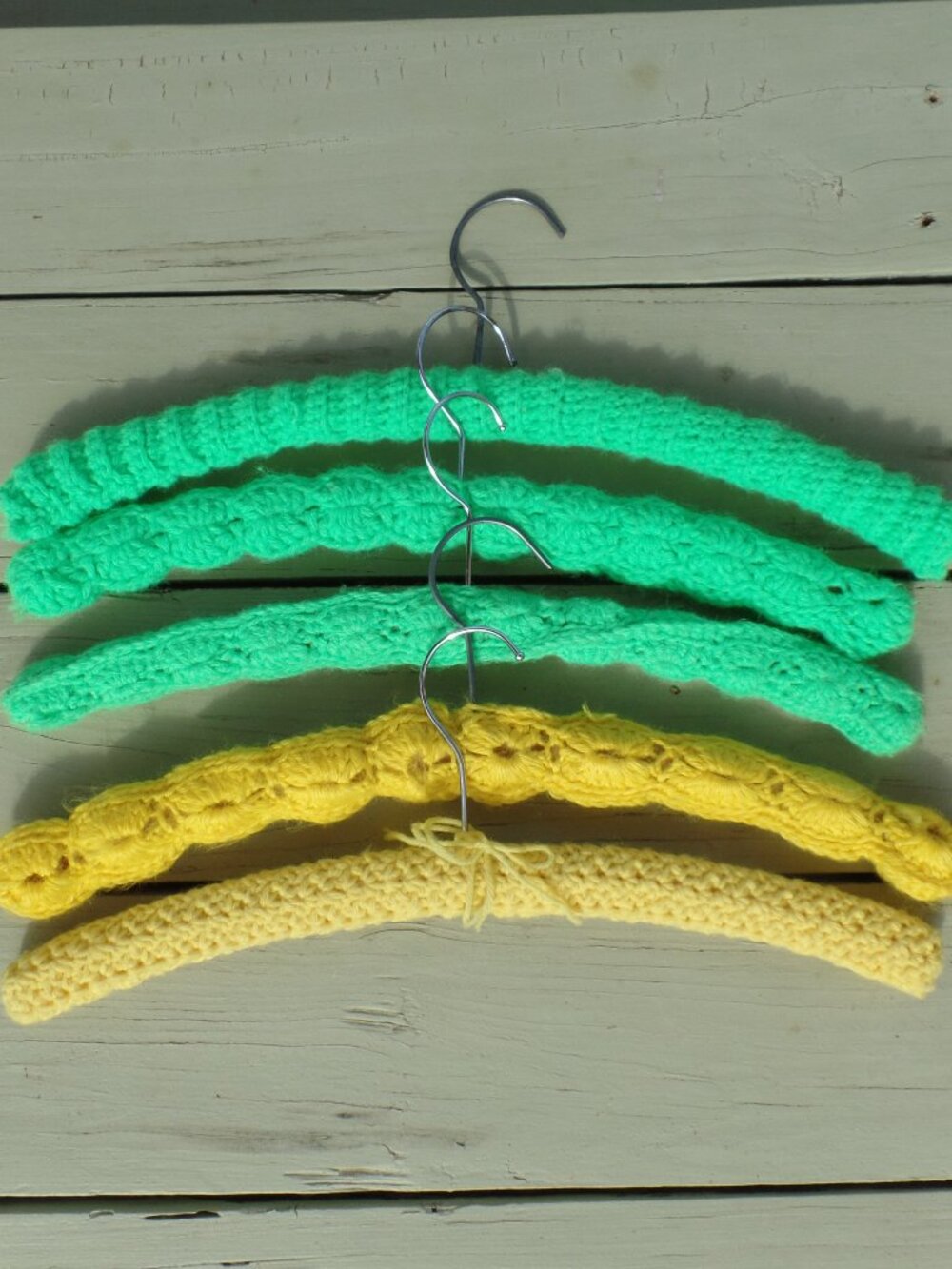 Vintage Hand Crocheted Hangers SET of 5 GREEN/YELLOW